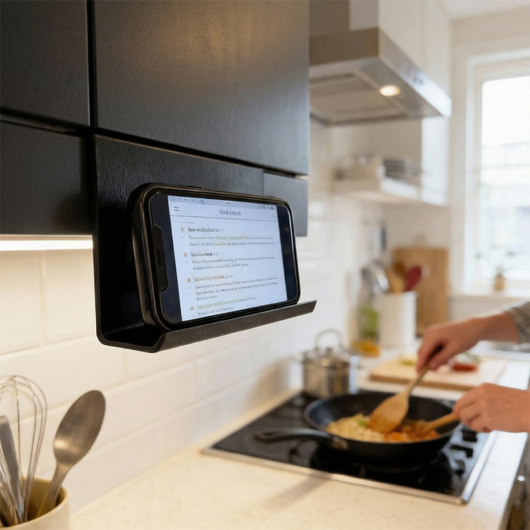 Mobile phone holder for kitchen cabinets