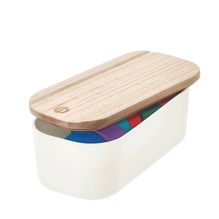 Drawer Organiser with wooden lid, ECO MEDIUM COMPACT BIN, 9 x 18,5 x H 7 cm, Offwhite / Nature