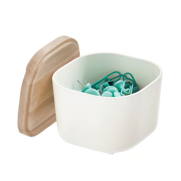 Drawer Organiser with wooden lid, ECO SMALL COMPACT BIN, 9 x 9 x H 7 cm, Offwhite / Nature