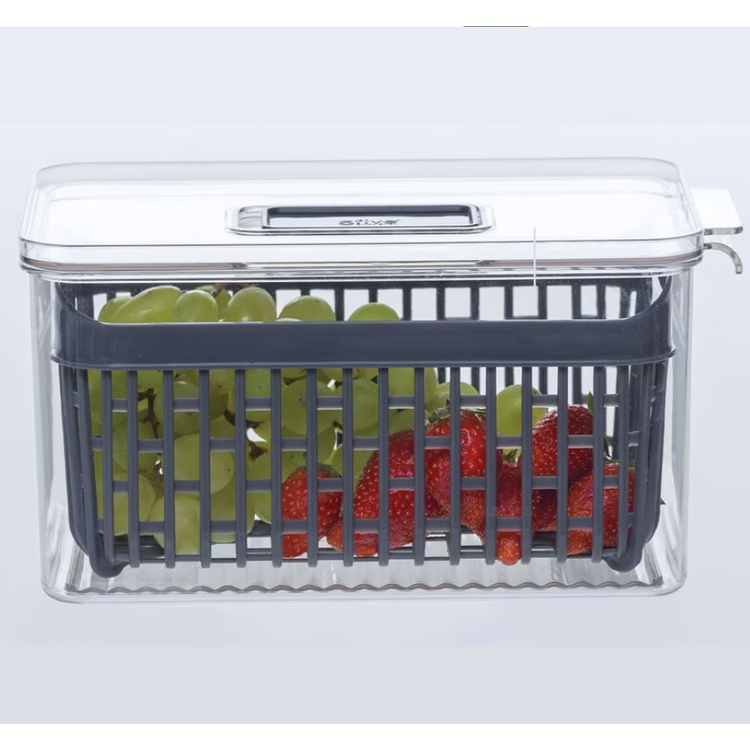 Food Storage, with 2 baskets, SMALL STAY FRESH FRIDGE BIN, 24 x 15.5 x H 12 cm, Clear / Grey