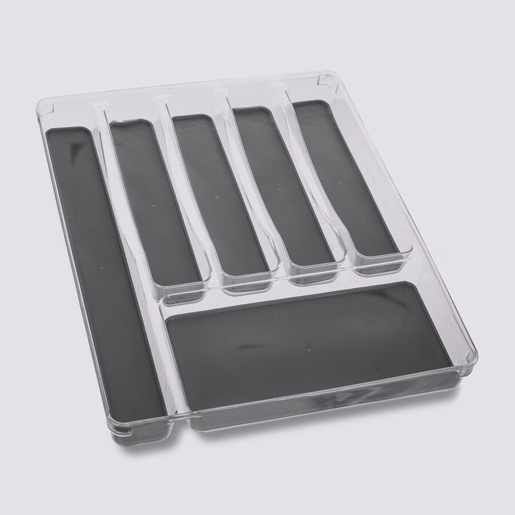 Cutlery tray, 6 compartments, TIDY SMART ORGANIZER, 40 x 32 x H 4,5 cm, Clear / Dark Grey