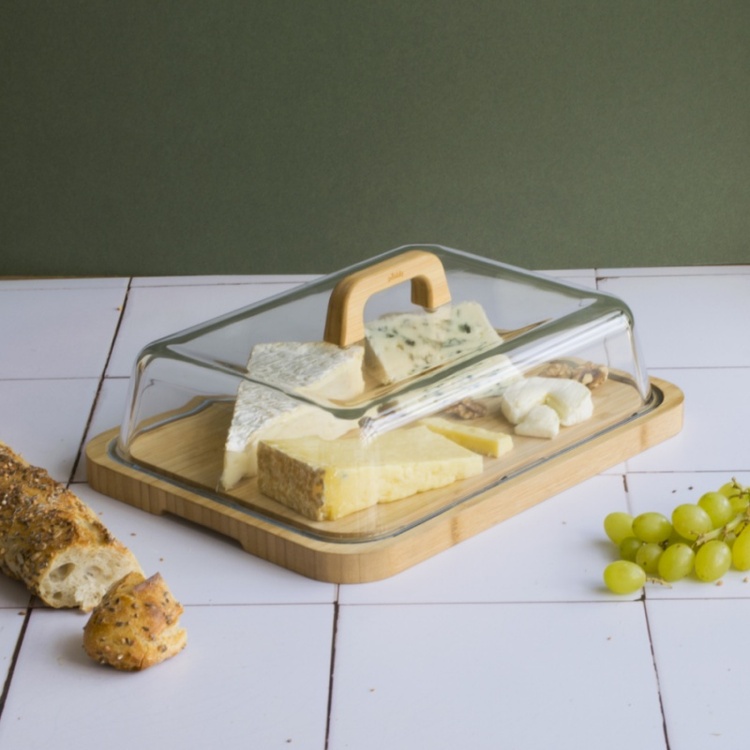 Bamboo Cheese Board with Glass Lid, PEBBLY PLATEAU Á FROMAGE, 34 x 25 x H 9,5 cm, Clear / Nature