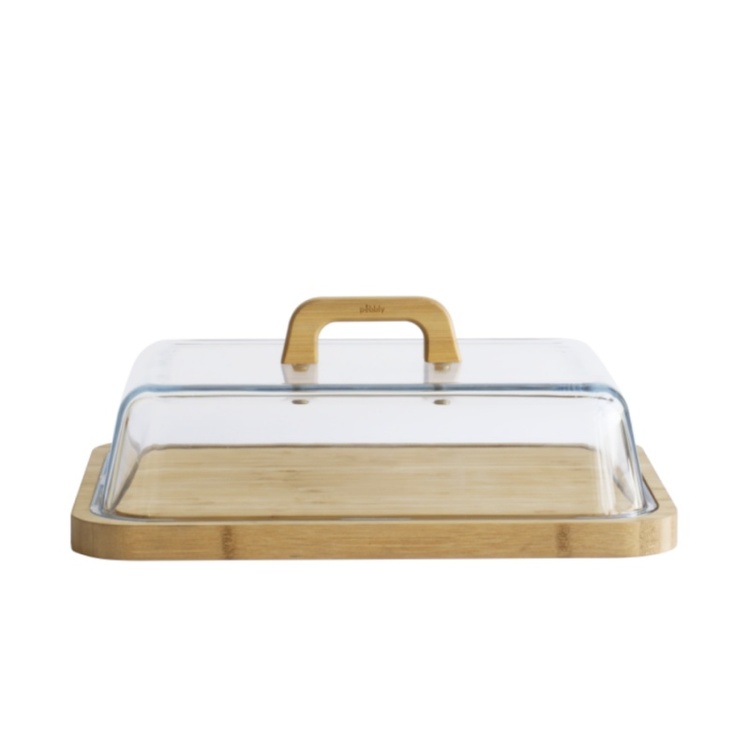 Bamboo Cheese Board with Glass Lid, PEBBLY PLATEAU Á FROMAGE, 34 x 25 x H 9,5 cm, Clear / Nature