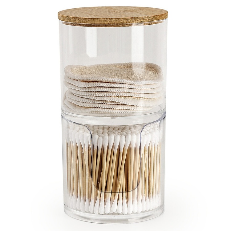 Cotton pads & cotton swab can, SELENA BAMBOO, Ø 9,7 x H 18,1 cm, Clear / Nature