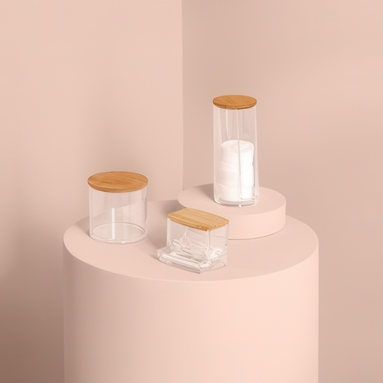 Cotton Pad Dispenser, SELENA BAMBOO, Ø 7 x H 17,8 cm, Clear / Nature