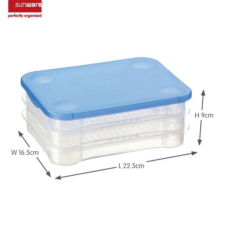 Container for Cold Cut, 3 trays, CLUB CUISINE LARGE, 22,5 x 16,5 x H 9 cm, Clear / Blue