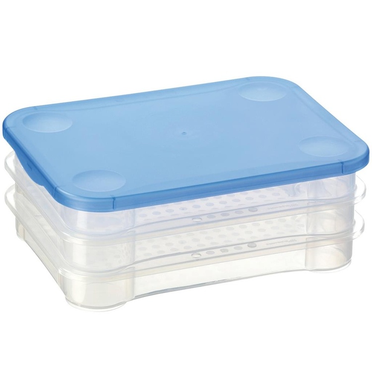 Container for Cold Cut, 3 trays, CLUB CUISINE LARGE, 22,5 x 16,5 x H 9 cm, Clear / Blue