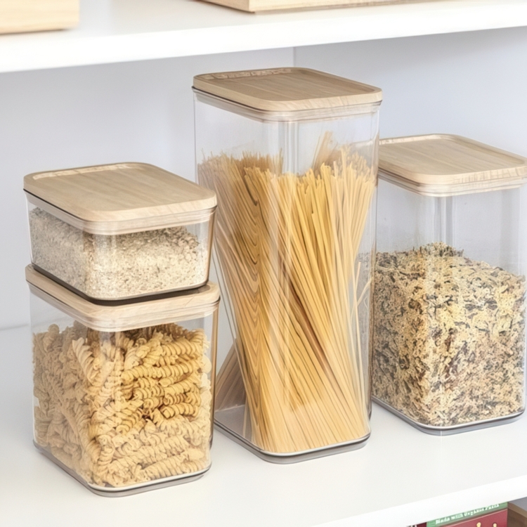 Container for Dry Food, 4 L, PANSINO RPET XL CANISTER, 16 x 12 x H 30,5 cm , Transparent / Wood