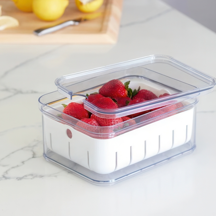 Bin with lid and colander, CRISP BERRY BIN, 16,5 x 21,6 x H 9,5 cm, Transparent / White