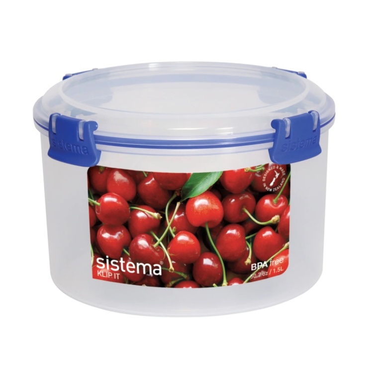 Jar with strainer, Round, 1,5 L, Ø 17 x H 11 cm, KLIP IT, Clear / Blue