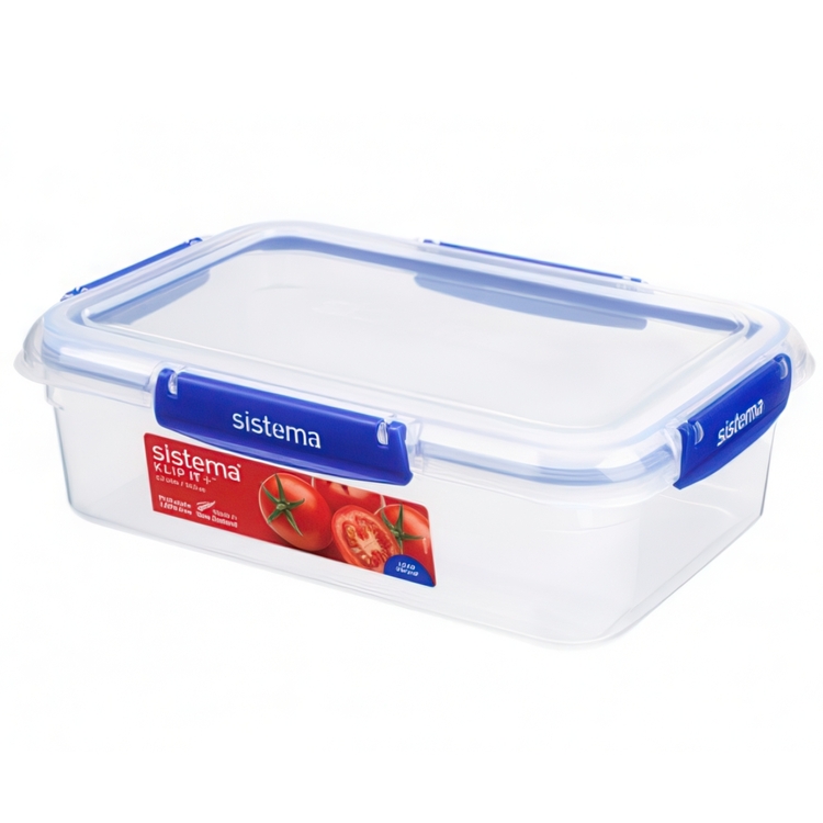 Food box, 2,2 L, KLIP IT PLUS RECTANGLE, 25,5 x 17,5 x H 8 cm, Clear / Blue