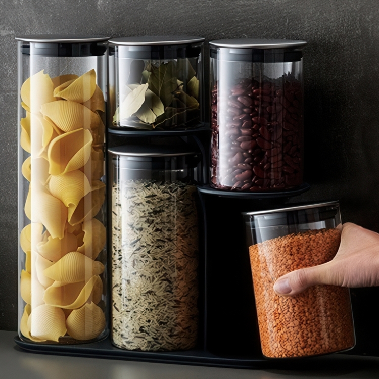 Glass Container Set in stand, 5-piece, PODIUM EASY-ACCESS, Joseph Joseph, Clear / Silver