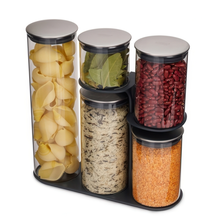 Glass Container Set in stand, 5-piece, PODIUM EASY-ACCESS, Joseph Joseph, Clear / Silver