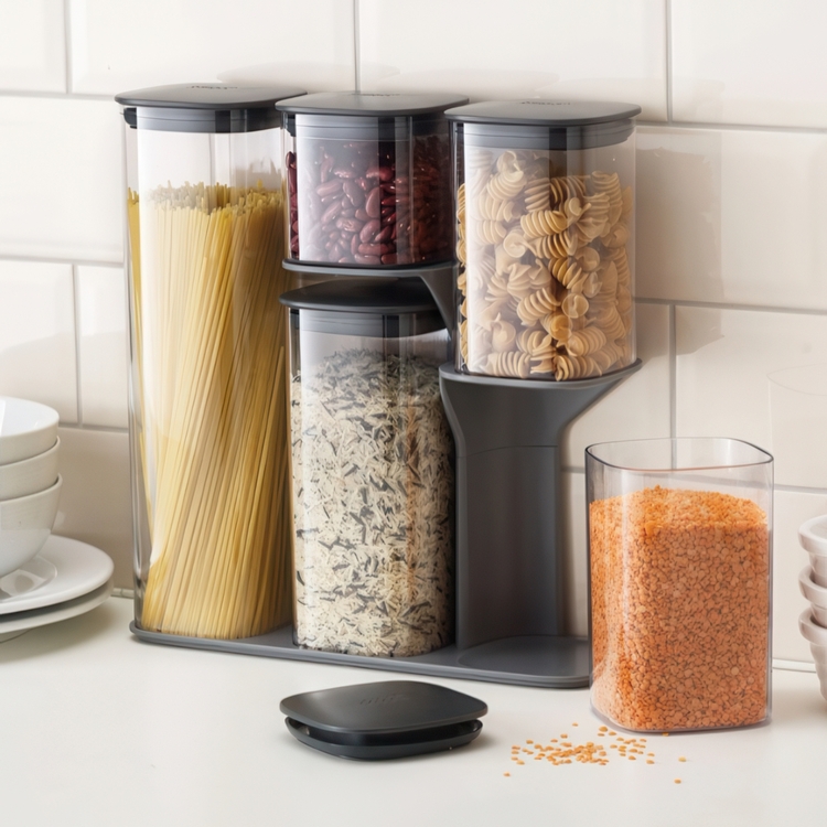 Container Set in stand, 5-piece, PODIUM EASY-ACCESS, Joseph Joseph, Clear / Grey