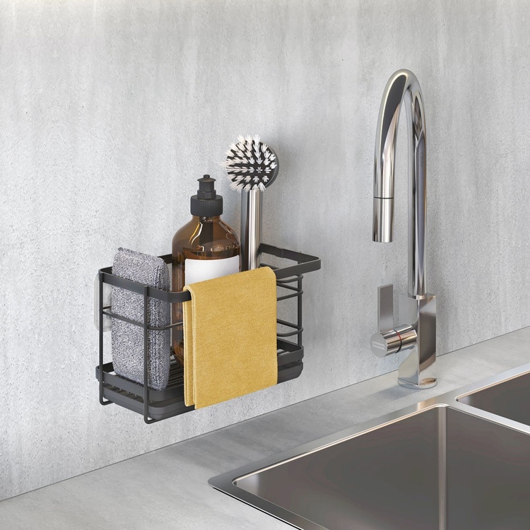 Sink tidy in metal, Adhesive, TOKYO, 23 x 13 x H 14 cm, Black