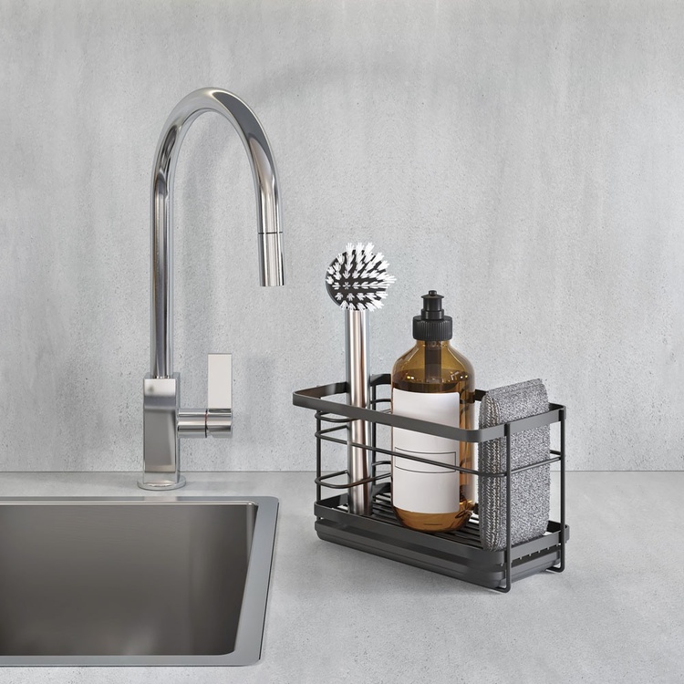 Sink tidy in metal, Adhesive, TOKYO, 23 x 13 x H 14 cm, Black
