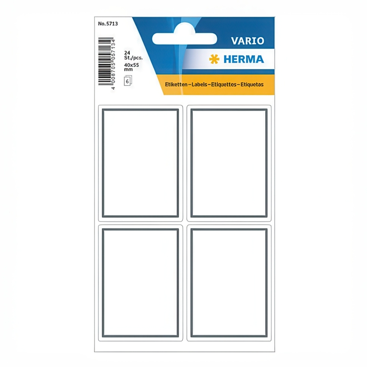 Labels, Self-adhesive, 24 psc, GREY FRAME SMALL, 40 x 55 mm, White / Grey