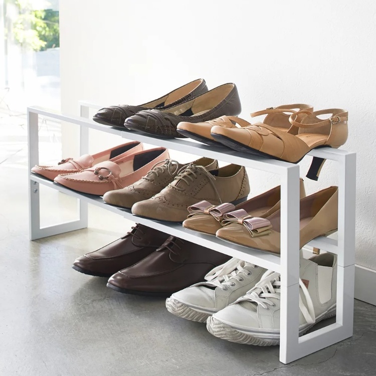 Expandable Shoe Rack in Metal, LINE 2-TIERED, 38 ~ 70 x 15 x H 30 cm, Yamazaki, White