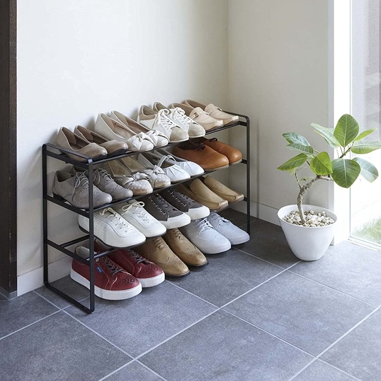 Expandable Shoe Rack in Metal, Stackable, FRAME 3-TIERED, Yamazaki, Black