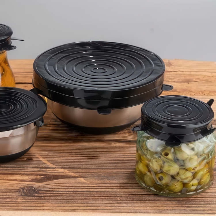 Expandable, airtight lids, Set of 6, SILICONE STRETCH TOPS, Black