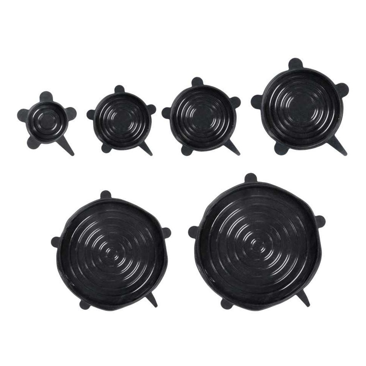 Expandable, airtight lids, Set of 6, SILICONE STRETCH TOPS, Black