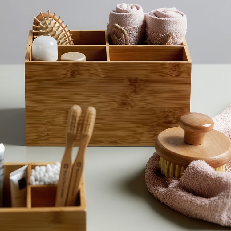 Storage Box in Bamboo, 4 compartments, TERRA, 22 x 14 x H12 cm, Nature