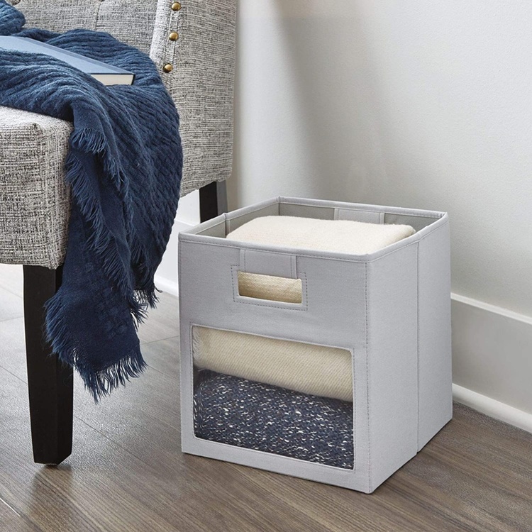 Storage bin with window, EVIE CUBE, 27,5 x 27,5 x H 28 cm, Light Grey