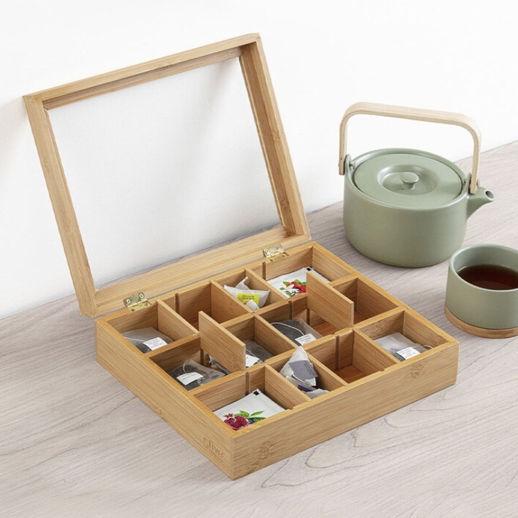 Bin with Compartments, LARGE BAMBOO TEA BOX, 28 x 23 x H 7 cm, Nature 
