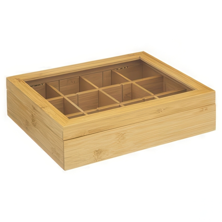 Bin with Compartments, LARGE BAMBOO TEA BOX, 28 x 23 x H 7 cm, Nature 