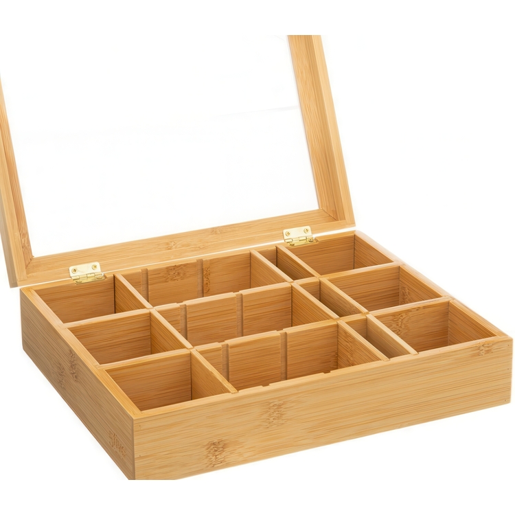 Bin with Compartments, LARGE BAMBOO TEA BOX, 28 x 23 x H 7 cm, Nature 