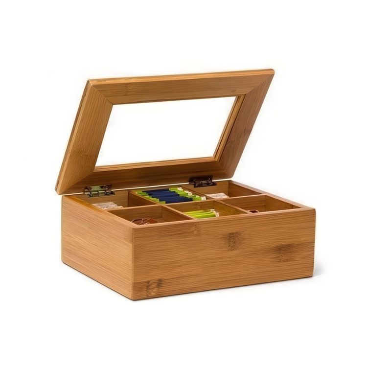 Bin with Compartments, SMALL BAMBOO TEA BOX, 22 x 16 x H 9 cm, Nature 