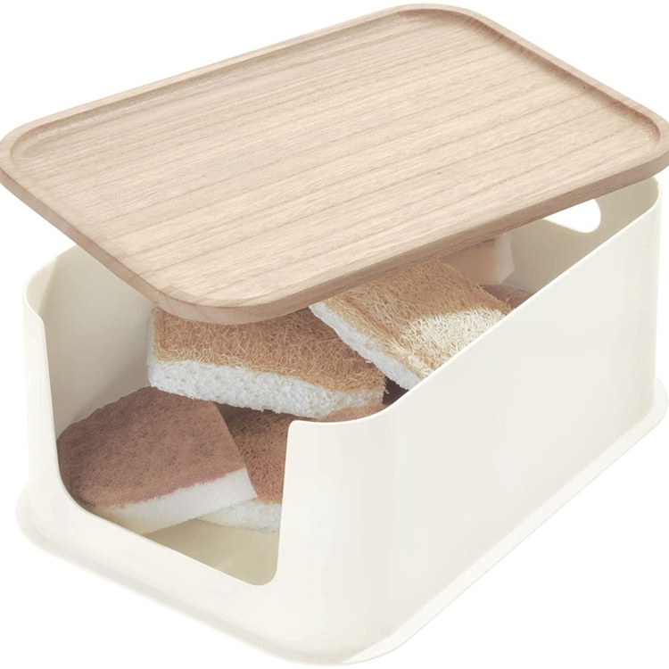 Storage Bin with wooden lid, ECO OPEN FRONT, 21,5 x 30,5 x H 14 cm, Offwhite / Nature