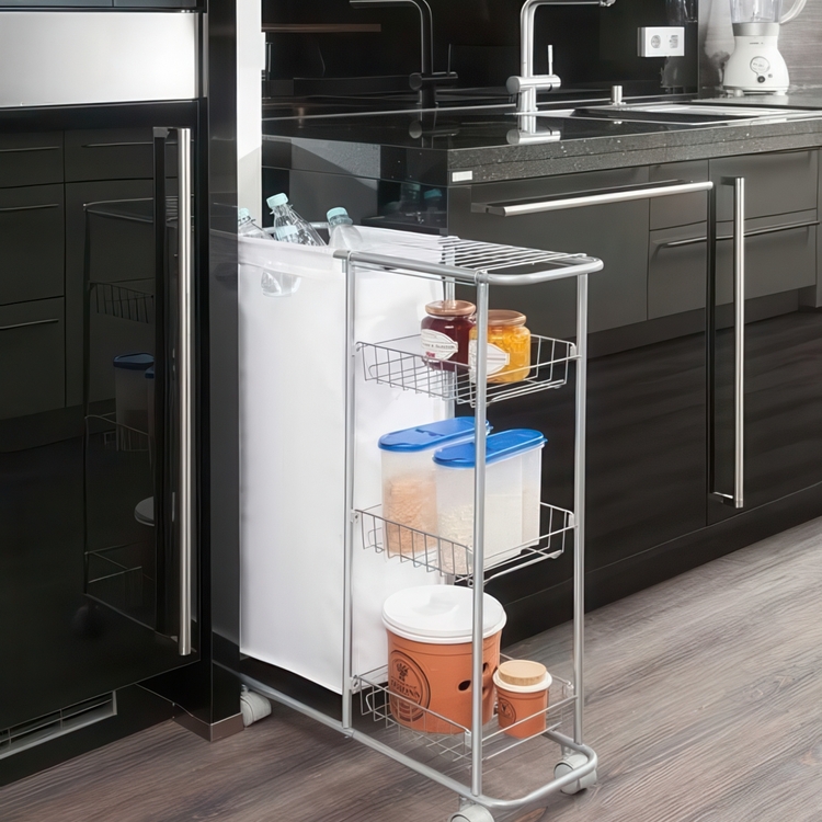 Storage trolley with bag, SLIM SAMMELWAGEN, 58 x 20 x H 80 cm, Silver Grey