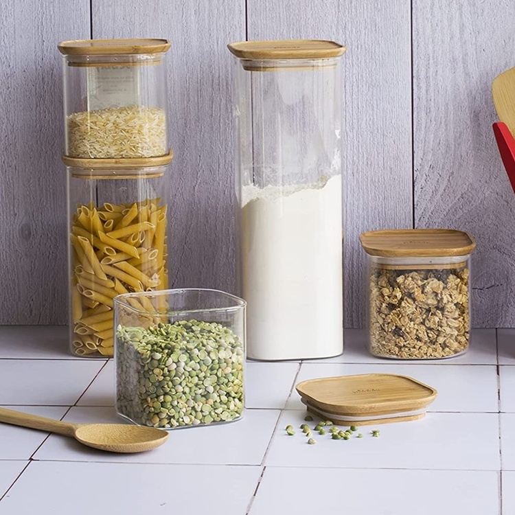Glass Canister, 2,2 L, PEBBLY SQUARE LARGE, Clear / Bamboo