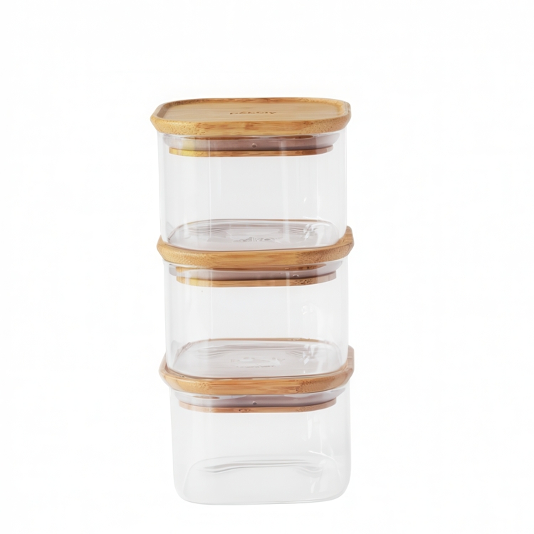Glass Canisters, 0,5 L, Set of 3, PEBBLY SQUARE MINI, Clear / Bamboo