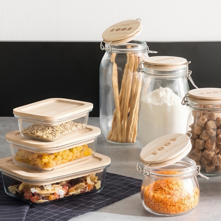 Glas Container with Bamboo Lid, 0,4 L, BOÎTE VERRE BAMBOU, 14,5 x 10,5 x H 5,5 cm, Clear / Nature