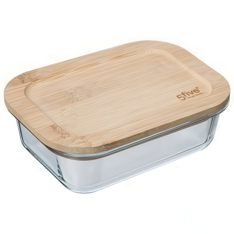 Glas Container with Bamboo Lid, 1 L, BOÎTE VERRE BAMBOU, 20 x 15 x H 6,7 cm, Clear / Nature