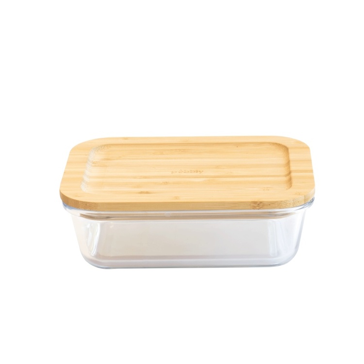 Glas Container with Bamboo Lid, 1 L, PEBBLY MEDIUM COOK & STORE, 20 x 15 x H6,5 cm, Clear / Nature