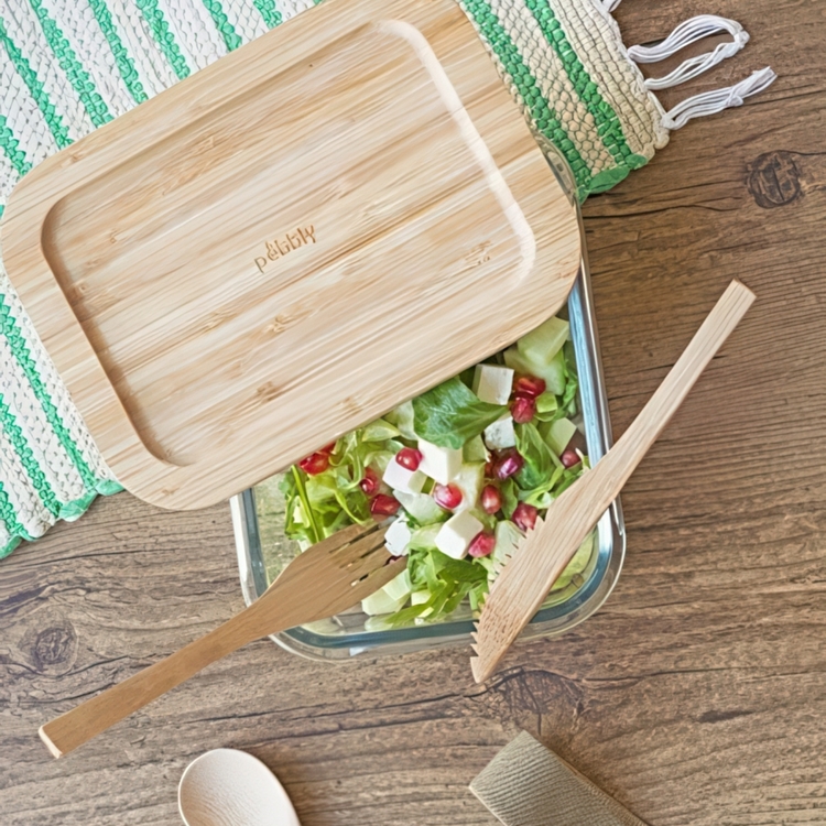 Glas Container with Bamboo Lid, 1 L, PEBBLY MEDIUM COOK & STORE, 20 x 15 x H6,5 cm, Clear / Nature