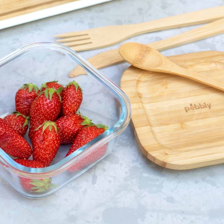 Glas Container with Bamboo Lid, 520ml, PEBBLY SQUARE COOK & STORE, 13 x13 x H 7 cm, Clear / Nature