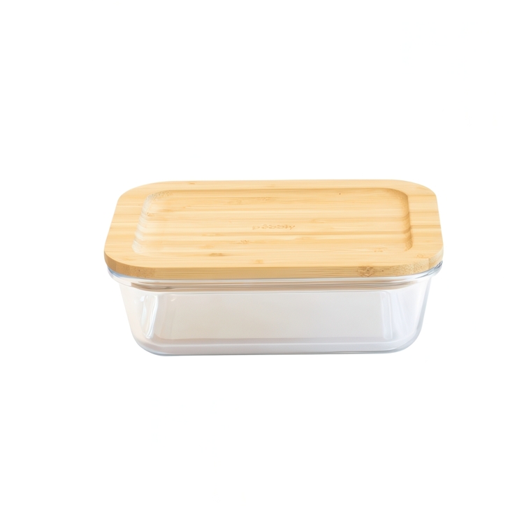 Glas Container with Bamboo Lid, 650ml, PEBBLY SMALL COOK & STORE, 17 x 12,5 x H6 cm, Clear / Nature