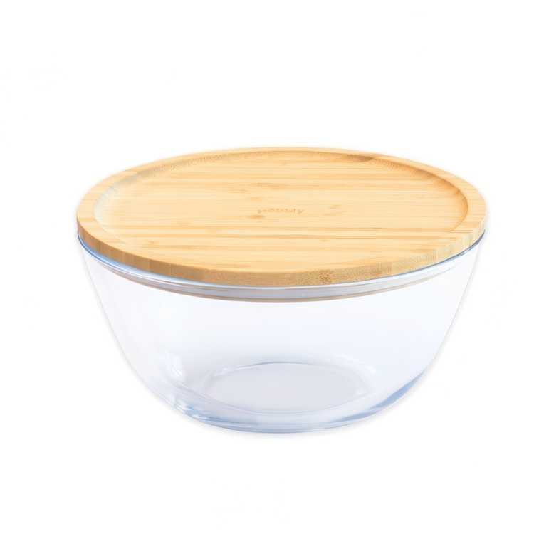 Glas Bowl with Bamboo Lid, 1,6L, PEBBLY MEDIUM ECO FRIENDLY BOWL, Ø 19 x H 11 cm, Clear / Nature