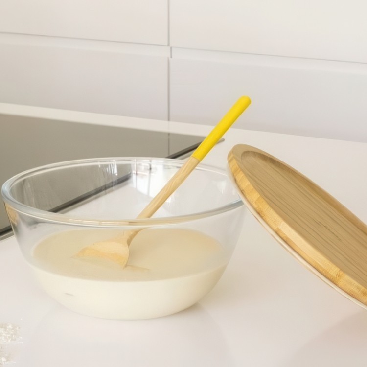 Glas Bowl with Bamboo Lid, 1,6L, PEBBLY MEDIUM ECO FRIENDLY BOWL, Ø 19 x H 11 cm, Clear / Nature