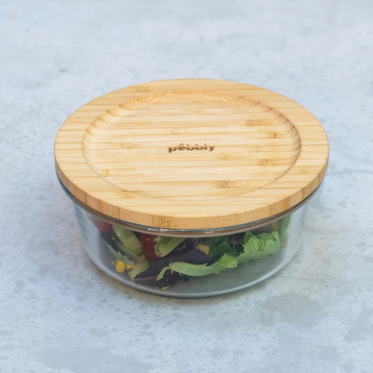 Glas Bowl with Bamboo Lid, 620ml, PEBBLY MINI ECO FRIENDLY BOWL, Ø 15 x H7 cm, Clear / Nature