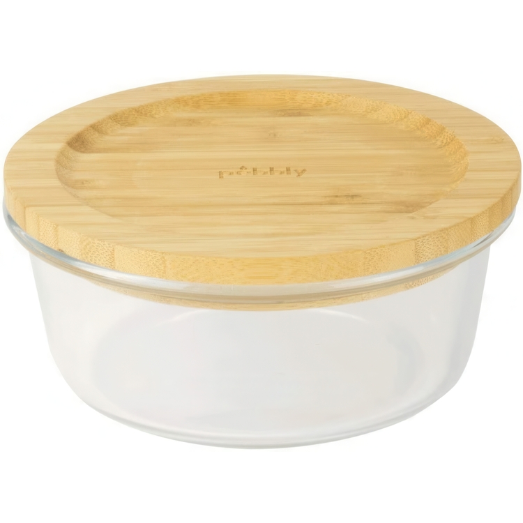 Glas Bowl with Bamboo Lid, 620ml, PEBBLY MINI ECO FRIENDLY BOWL, Ø 15 x H7 cm, Clear / Nature