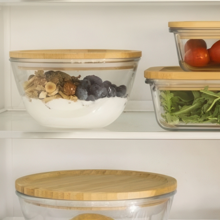 Glas Bowl with Bamboo Lid, 770ml, PEBBLY SMALL ECO FRIENDLY BOWL, Ø 15 x H 9 cm, Clear / Nature