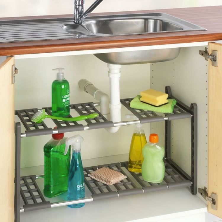 Under Sink Storage, Extendable, FLEXI UNDER-SINK SHELF, 45 - 80 cm, Grey