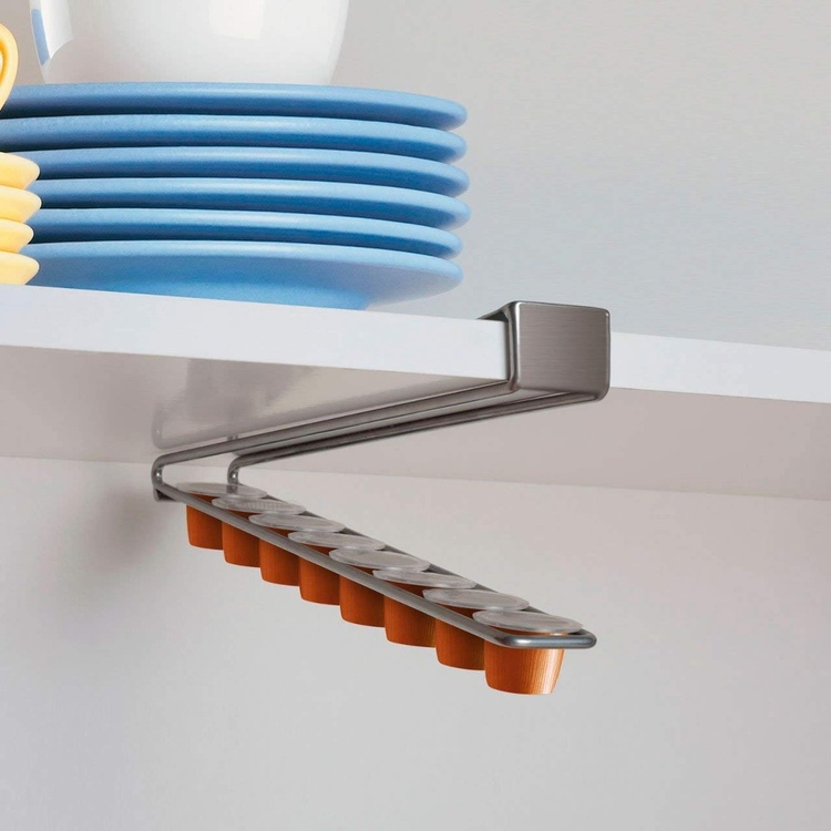 Coffee Capsule Dispenser, Under Shelf, SLIDING RACK, 28 x 4 x 8 cm, Silver