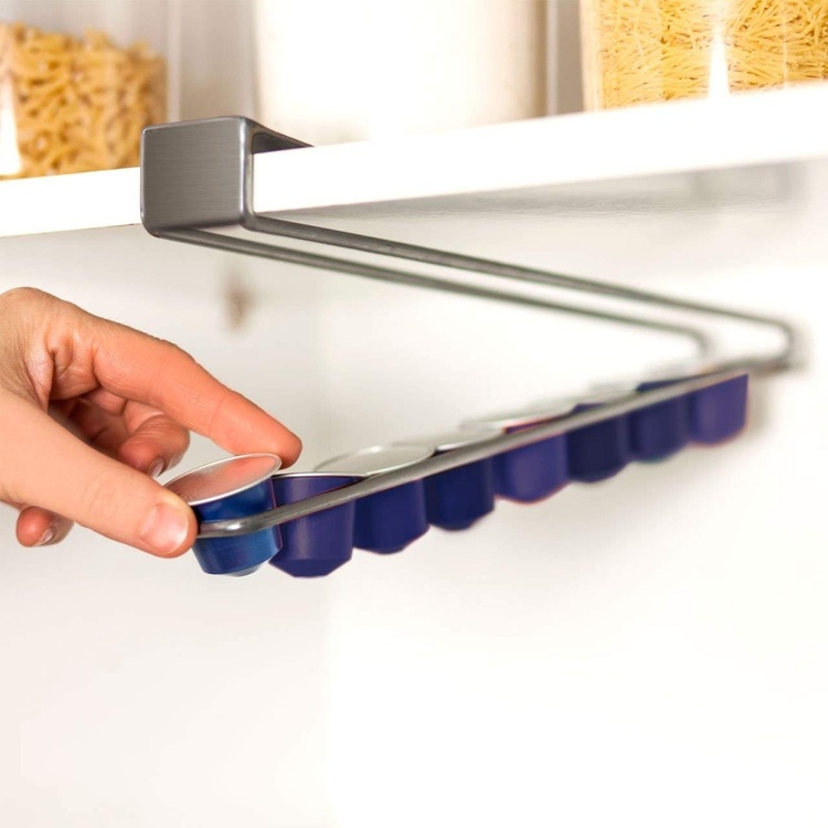 Coffee Capsule Dispenser, Under Shelf, SLIDING RACK, 28 x 4 x 8 cm, Silver