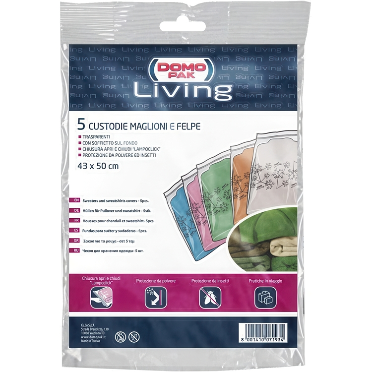 Bags for Jumpers, transparent plastic, 5 st, LIVING ZIP-LOCK, 43 x H50 cm, Clear